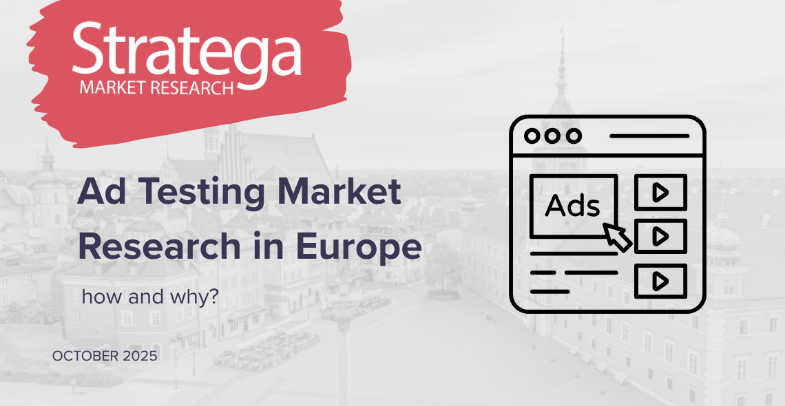 Stratega Market Research banner for article titled Ad Testing Market Research in Europe – how and why, October 2025, featuring web advertising icon.