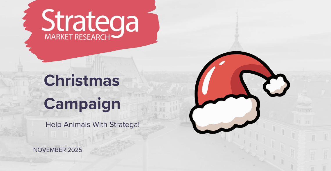 tratega Market Research Christmas Campaign banner with a Santa hat graphic and message encouraging support for animals during the holiday season.