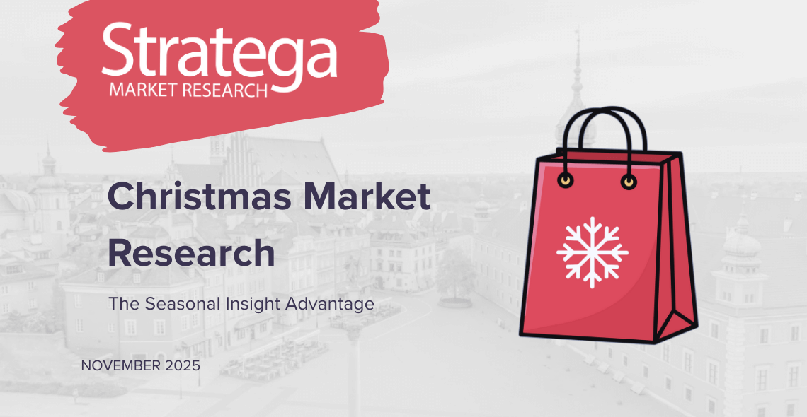 tratega Market Research graphic featuring the title “Christmas Market Research – The Seasonal Insight Advantage,” with a red shopping bag showing a snowflake icon against a city background.