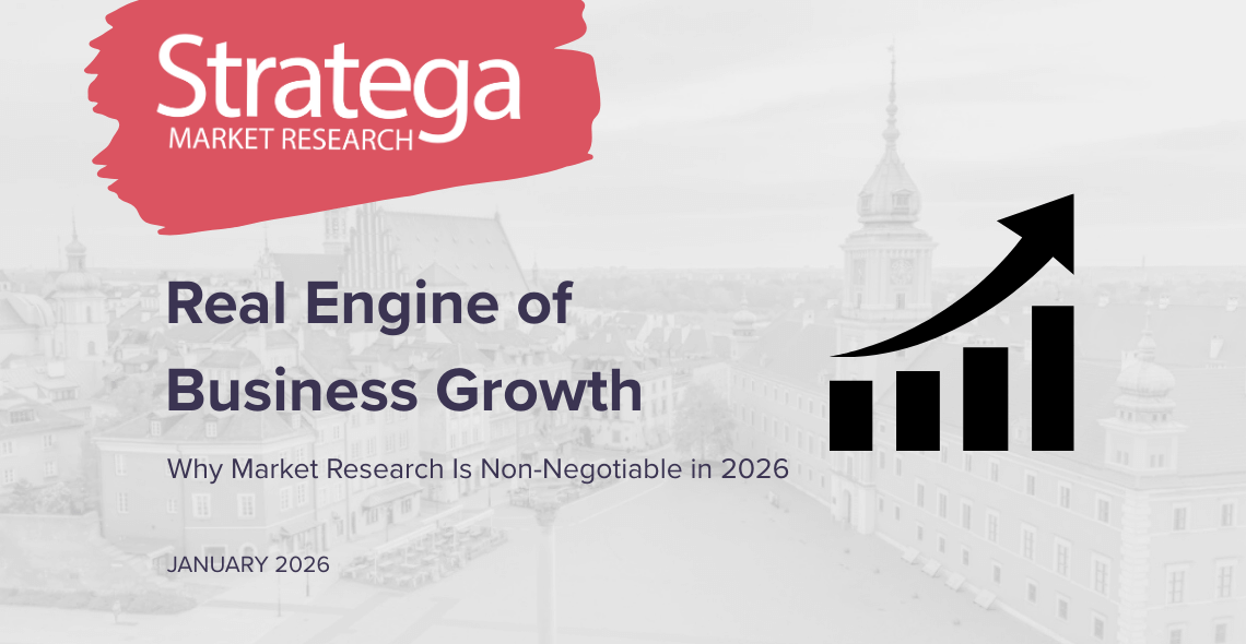 Stratega Market Research website banner titled "Quantitative vs. Qualitative Research: The Ultimate Guide," featuring a document and magnifying glass icon over a grayscale cityscape of Warsaw, Poland, dated January 2026.